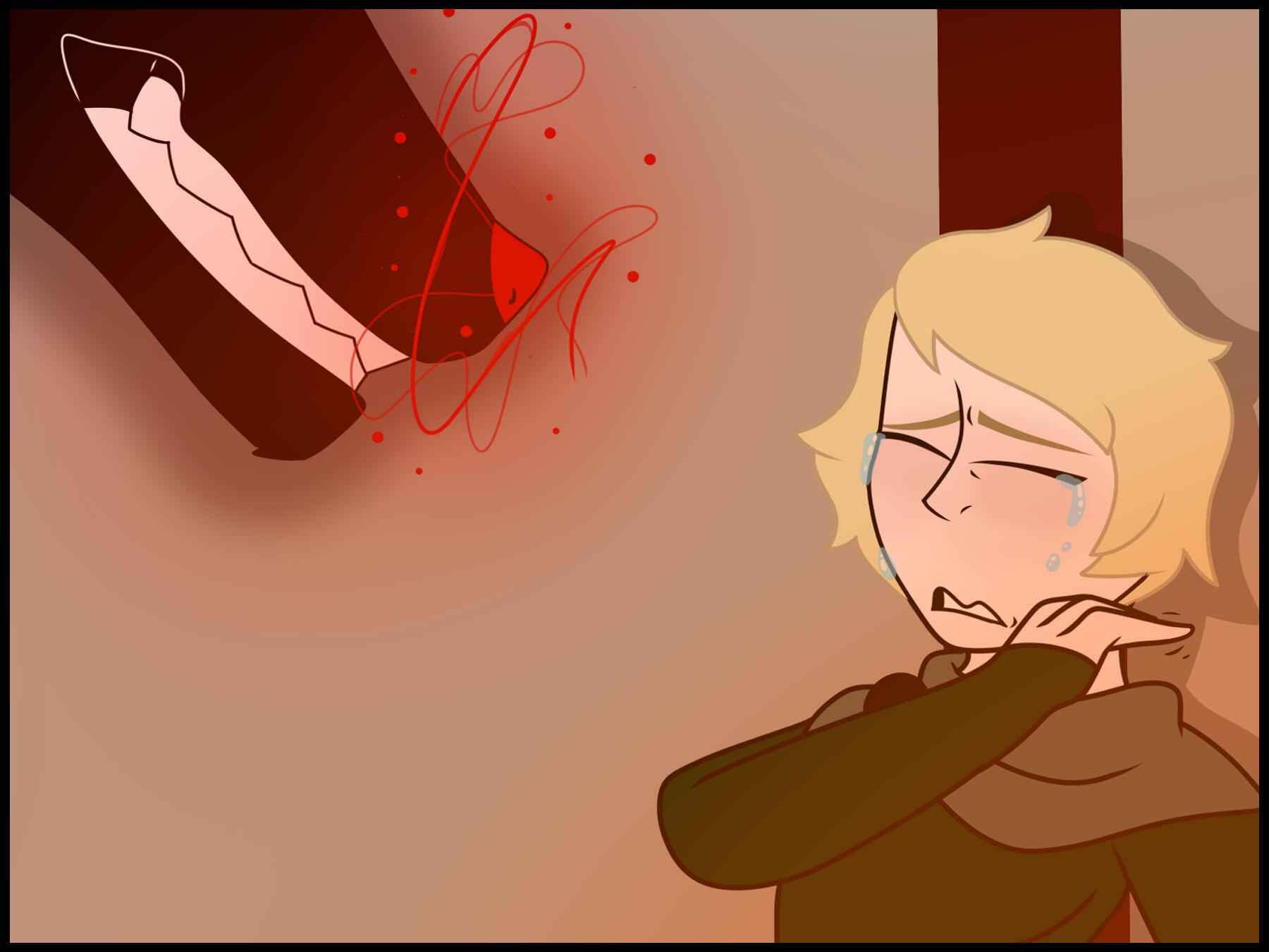 A pale blonde girl crying and cowering in a corner as a massive wolf-like black beast snarls above her with a strange red energy swirling around it.
