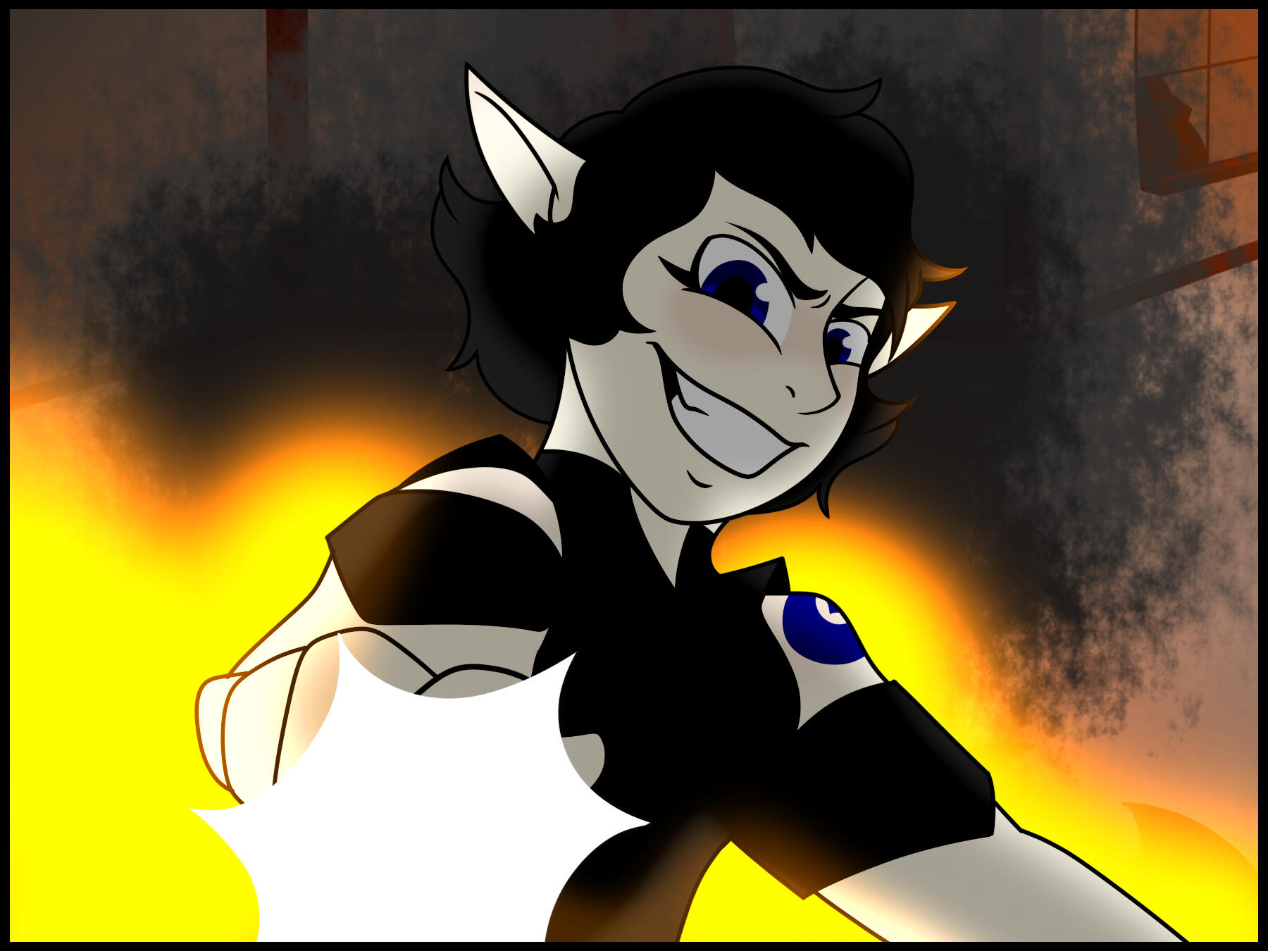 A dark haired girl, with blue eyes and long sharp elf-like ears dressed in basic black garments and a blue tattoo on her shoulder of a crescent moon with a four point star.